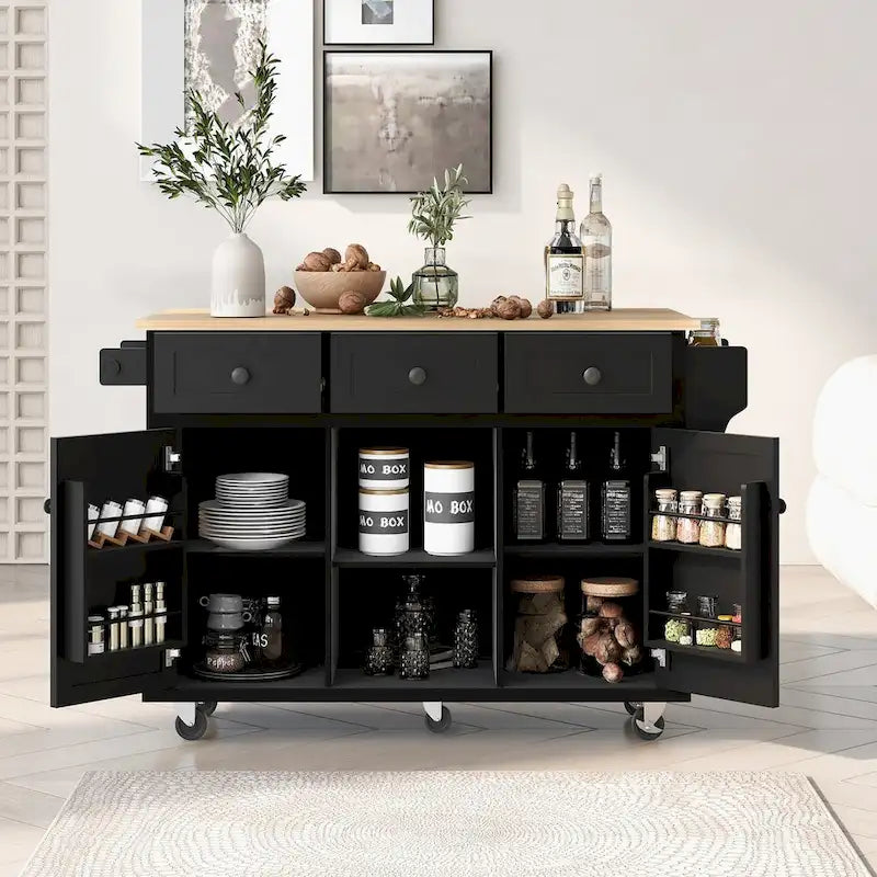 Carrello da cucina con isola, piano a ribalta, cassetti e ruote con blocco