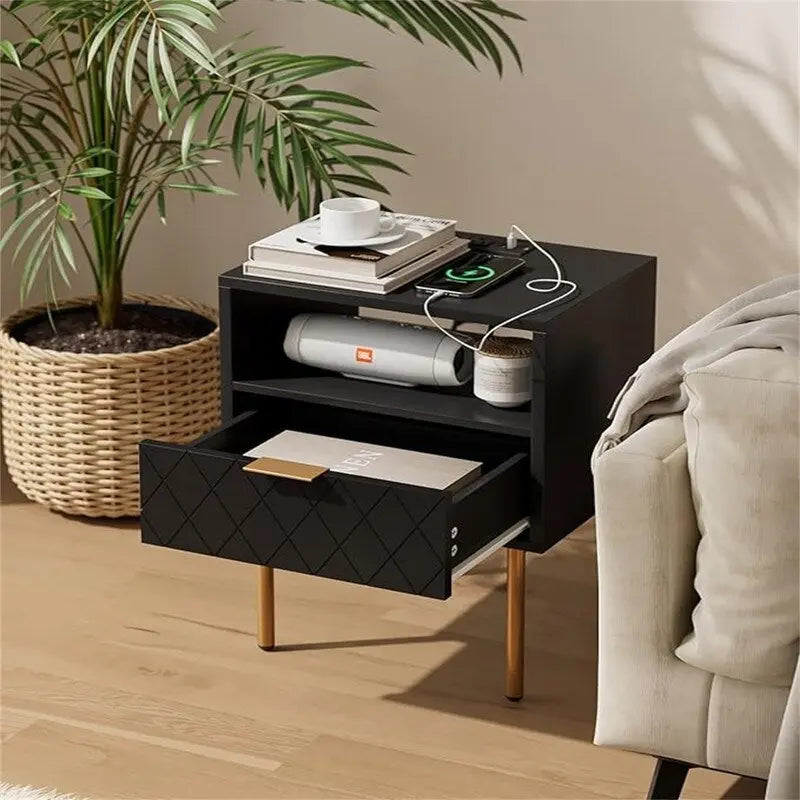 Comodino con Stazione di Ricarica e Cassetto Contenitore