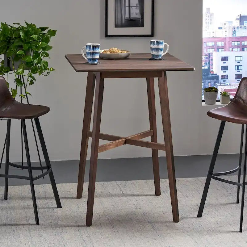 Tavolo da pranzo alto con gambe in legno di hevea e piano laminato