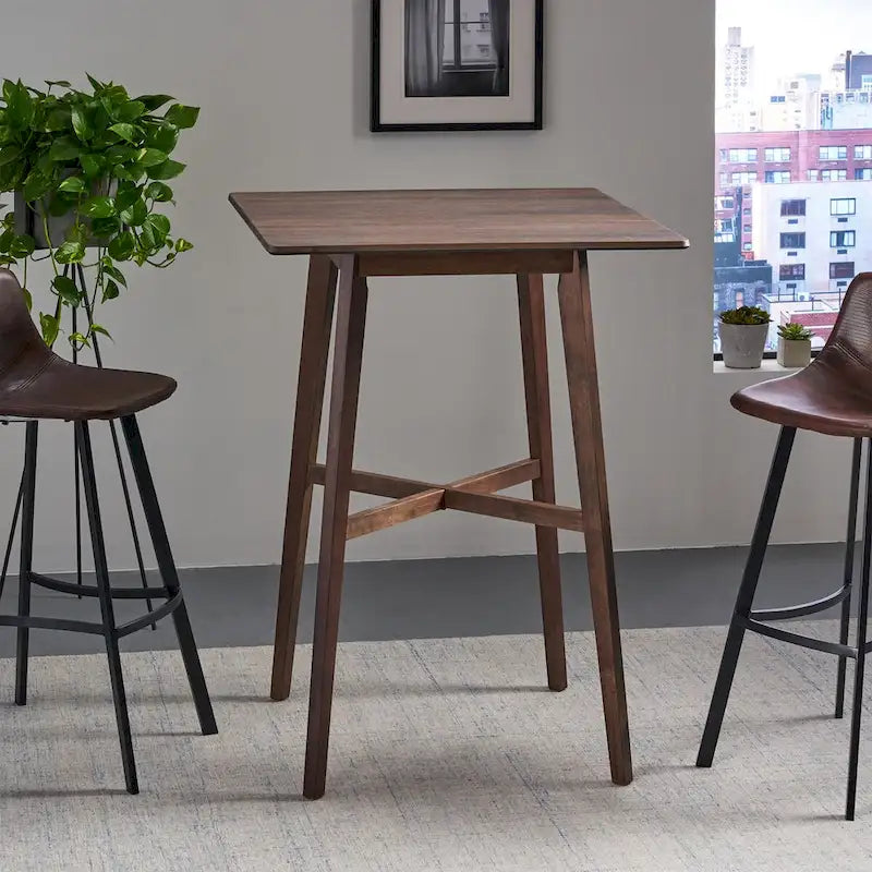 Tavolo da pranzo alto con gambe in legno di hevea e piano laminato
