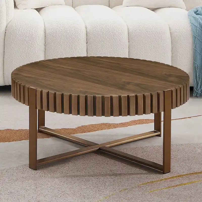 Tavolino da caffè rotondo a tamburo, 80 cm, piano in MDF con base a piedistallo in acciaio inossidabile