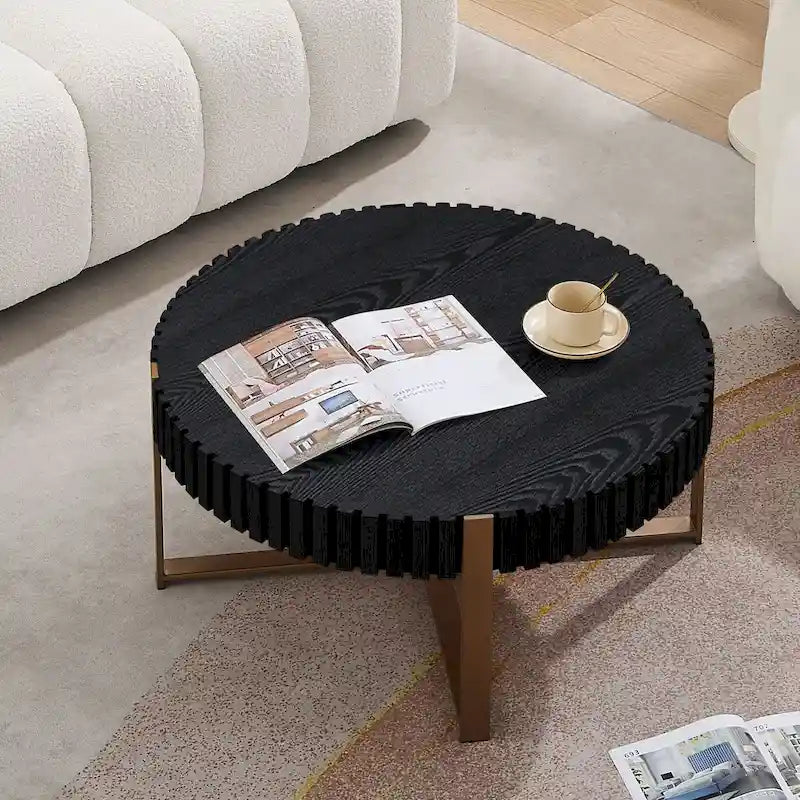 Tavolino da caffè rotondo a tamburo, 80 cm, piano in MDF con base a piedistallo in acciaio inossidabile