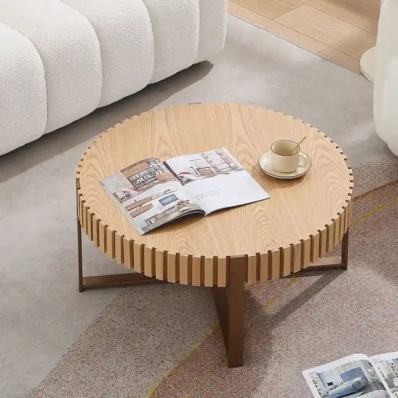 Tavolino da caffè rotondo a tamburo, 80 cm, piano in MDF con base a piedistallo in acciaio inossidabile