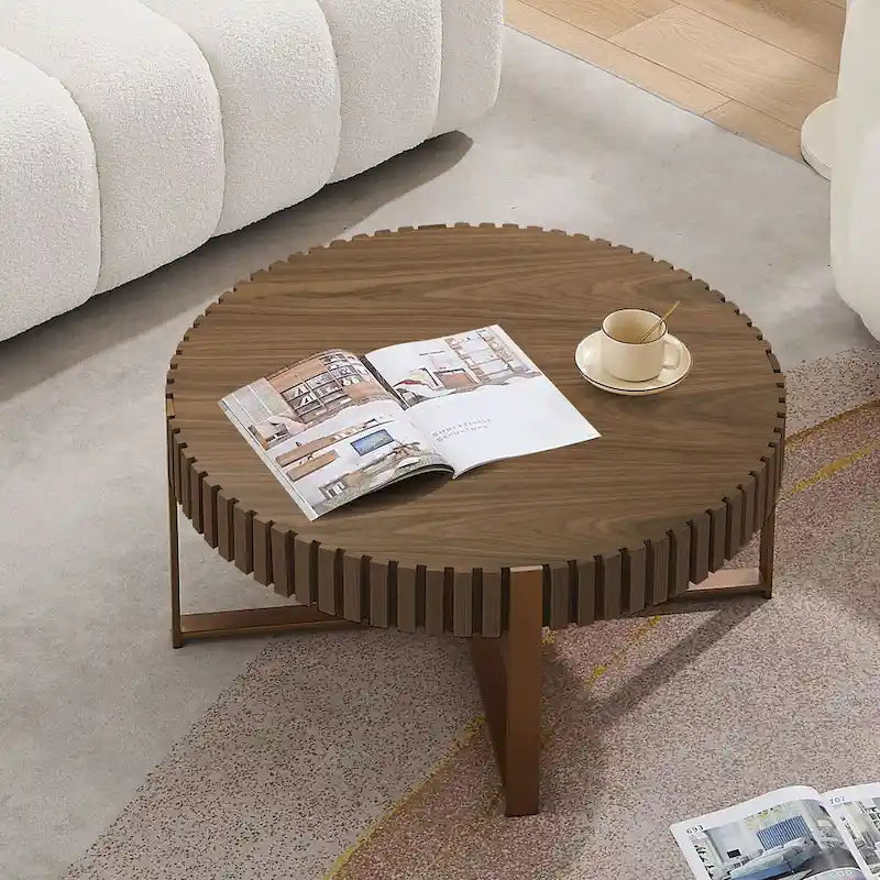 Tavolino da caffè rotondo a tamburo, 80 cm, piano in MDF con base a piedistallo in acciaio inossidabile