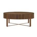 Tavolino da caffè rotondo a tamburo, 80 cm, piano in MDF con base a piedistallo in acciaio inossidabile