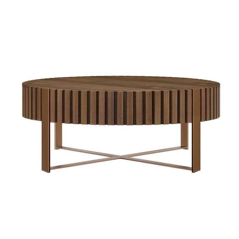 Tavolino da caffè rotondo a tamburo, 80 cm, piano in MDF con base a piedistallo in acciaio inossidabile