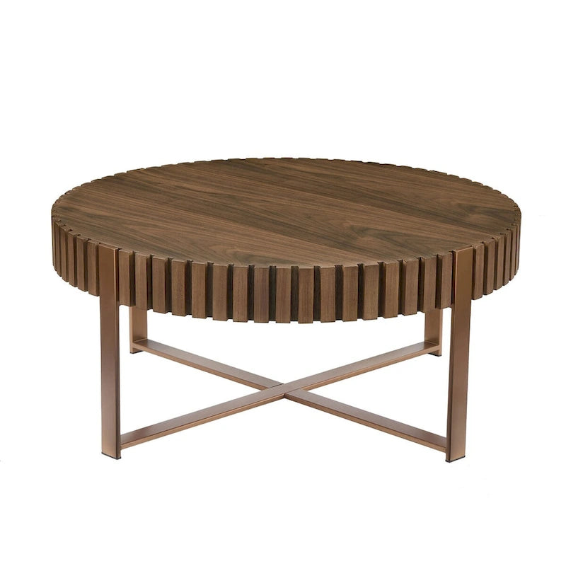 Tavolino da caffè rotondo a tamburo, 80 cm, piano in MDF con base a piedistallo in acciaio inossidabile