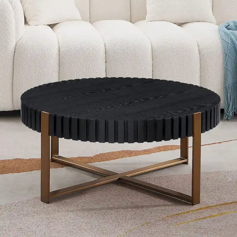 Tavolino da caffè rotondo a tamburo, 80 cm, piano in MDF con base a piedistallo in acciaio inossidabile