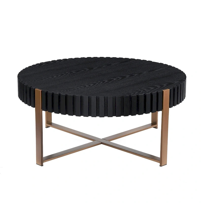 Tavolino da caffè rotondo a tamburo, 80 cm, piano in MDF con base a piedistallo in acciaio inossidabile