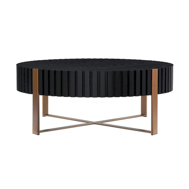 Tavolino da caffè rotondo a tamburo, 80 cm, piano in MDF con base a piedistallo in acciaio inossidabile