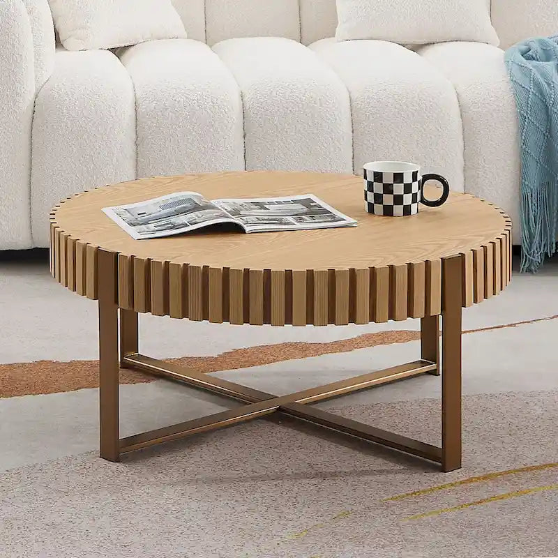 Tavolino da caffè rotondo a tamburo, 80 cm, piano in MDF con base a piedistallo in acciaio inossidabile