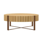 Tavolino da caffè rotondo a tamburo, 80 cm, piano in MDF con base a piedistallo in acciaio inossidabile
