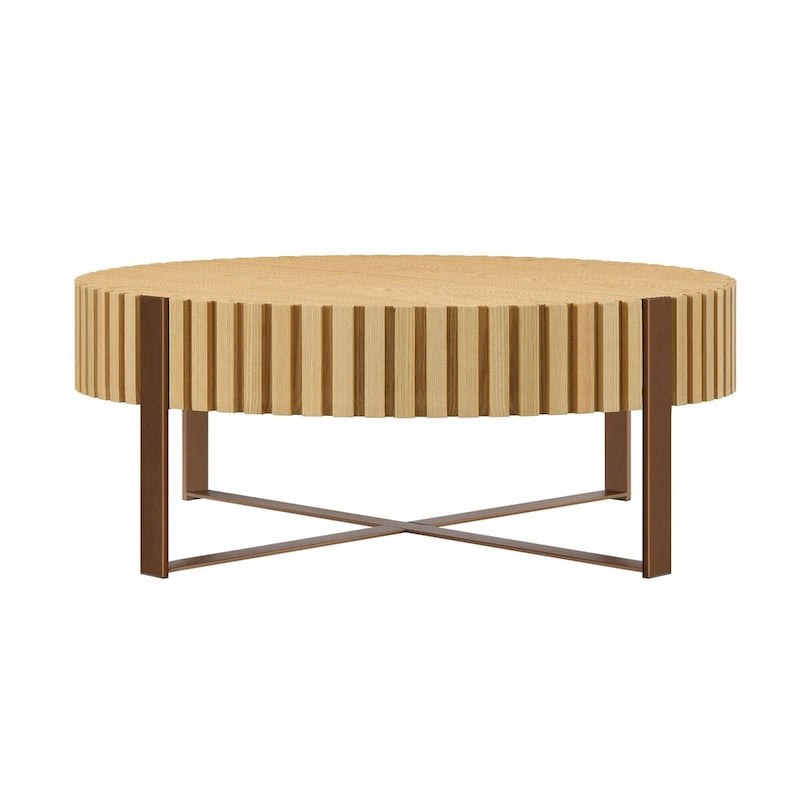 Tavolino da caffè rotondo a tamburo, 80 cm, piano in MDF con base a piedistallo in acciaio inossidabile